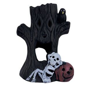 Vintage Halloween Haunted Tree Candle Holder With Skeleton Pumpkin 6.5" Tall